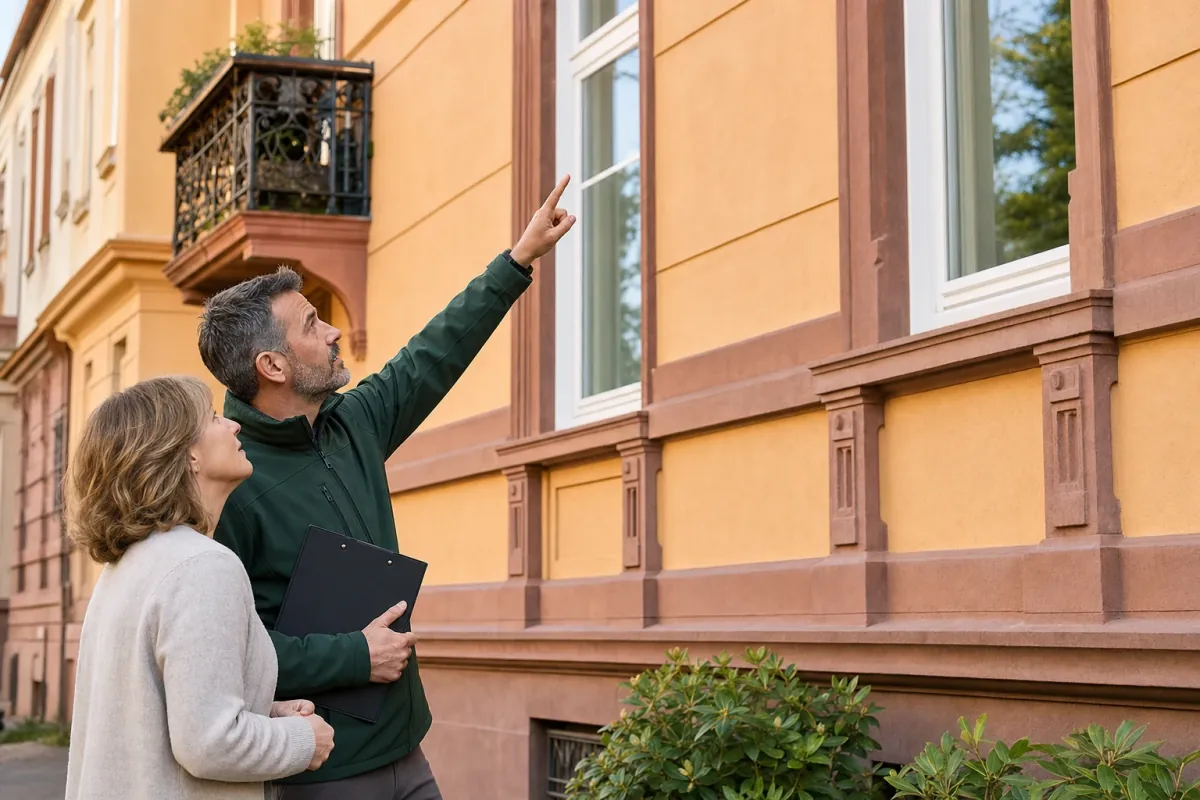 Ein Energieberater und eine Eigentümerin stehen vor einem für Heidelberg typischen Wohnhaus und sehen zum Dachrand hinauf.