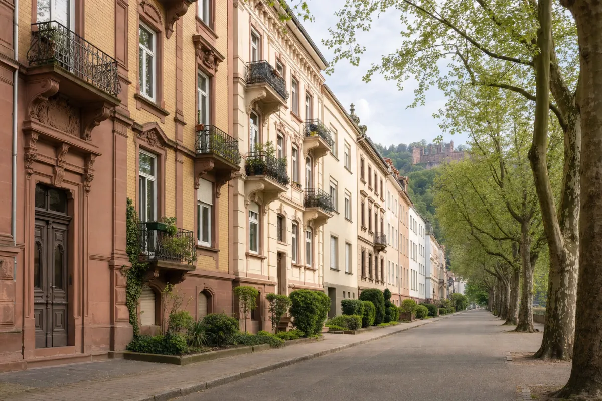 Wohnstraße in Heidelberg: die für die Stadt typische Bebauung, im Hintergrund über den Dächern ein Wahrzeichen der Stadt.