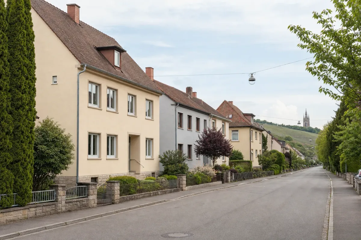 Wohnstraße in Heilbronn: die für die Stadt typische Bebauung, im Hintergrund über den Dächern ein Wahrzeichen der Stadt.