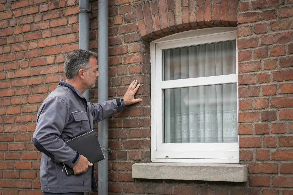 Ein Energieberater prüft von außen den Anschluss zwischen Fensterrahmen und Wand an einem für Herne typischen Wohnhaus.