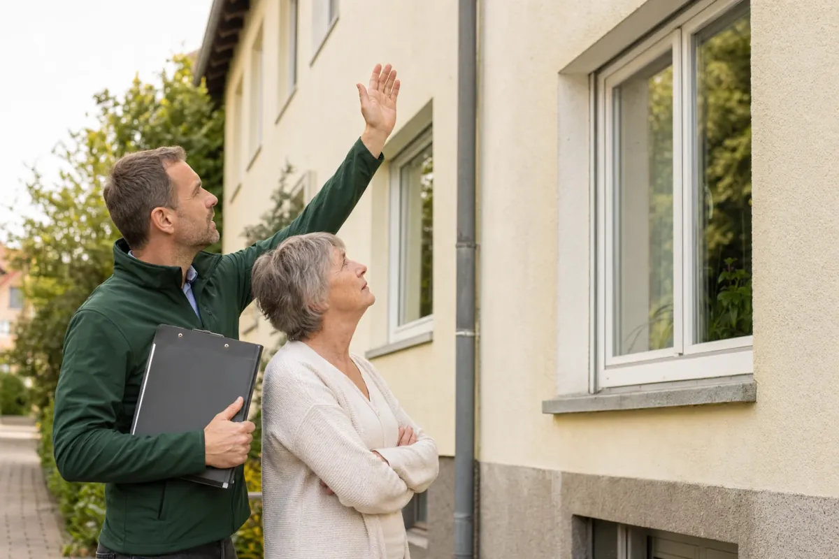 Ein Energieberater und eine Eigentümerin stehen vor einem für Hildesheim typischen Wohnhaus und sehen zum Dachrand hinauf.