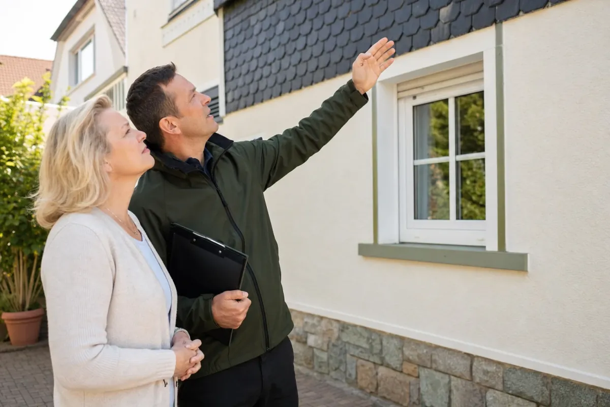 Ein Energieberater und eine Eigentümerin stehen vor einem für Iserlohn typischen Wohnhaus und sehen zum Dachrand hinauf.