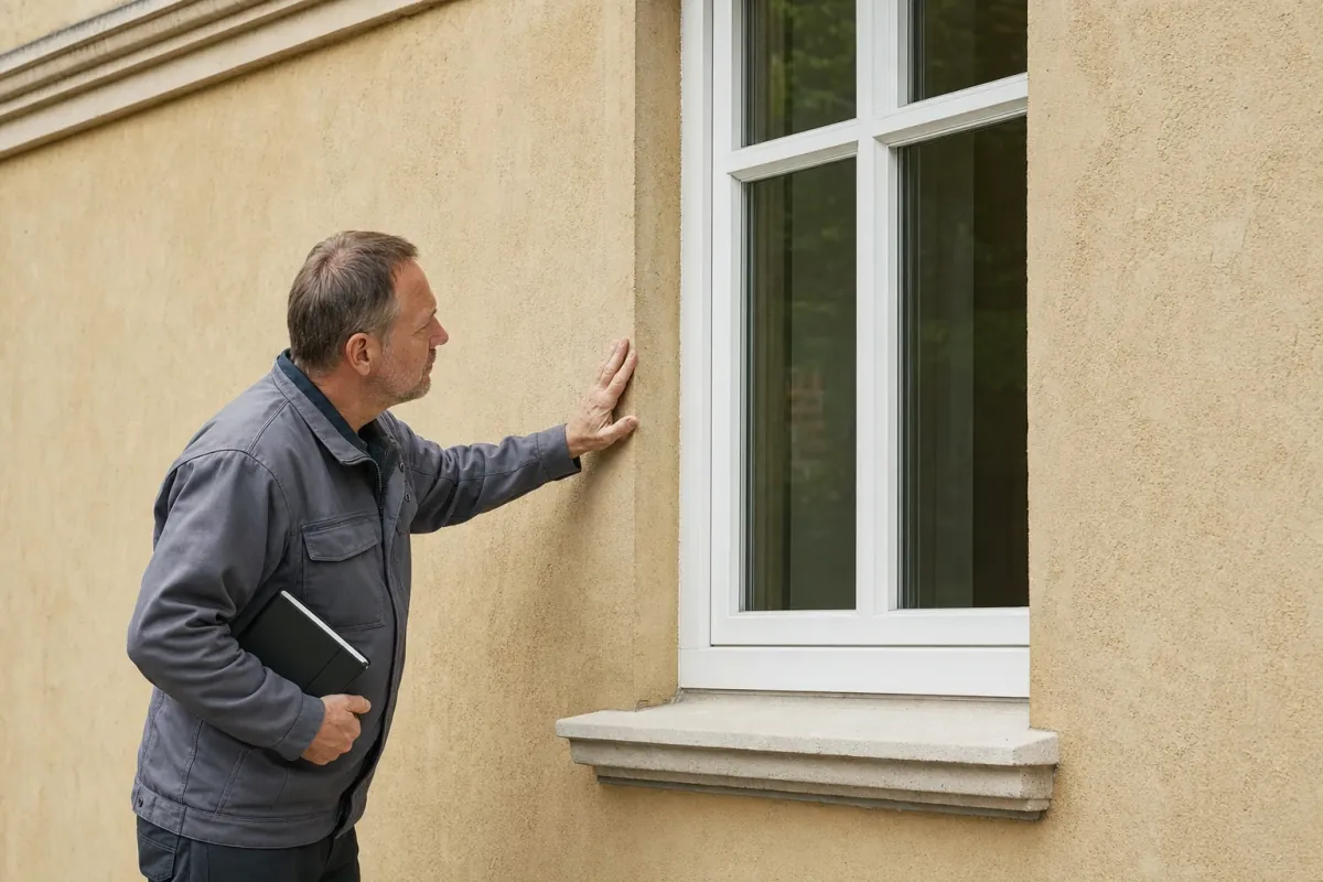 Ein Energieberater prüft von außen den Anschluss zwischen Fensterrahmen und Wand an einem für Jena typischen Wohnhaus.