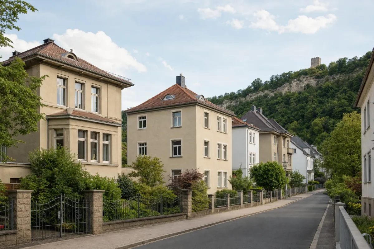 Wohnstraße in Jena: die für die Stadt typische Bebauung, im Hintergrund über den Dächern ein Wahrzeichen der Stadt.