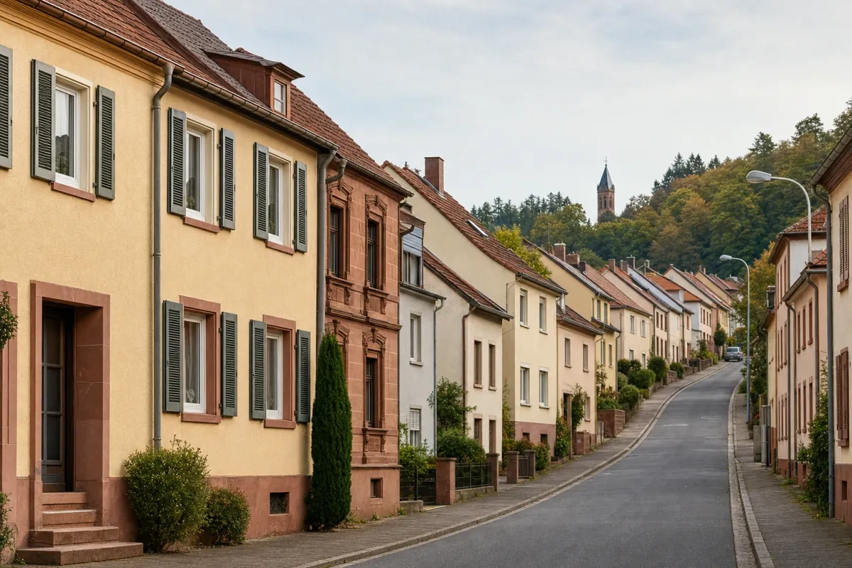 Wohnstraße in Kaiserslautern: die für die Stadt typische Bebauung, im Hintergrund über den Dächern ein Wahrzeichen der Stadt.