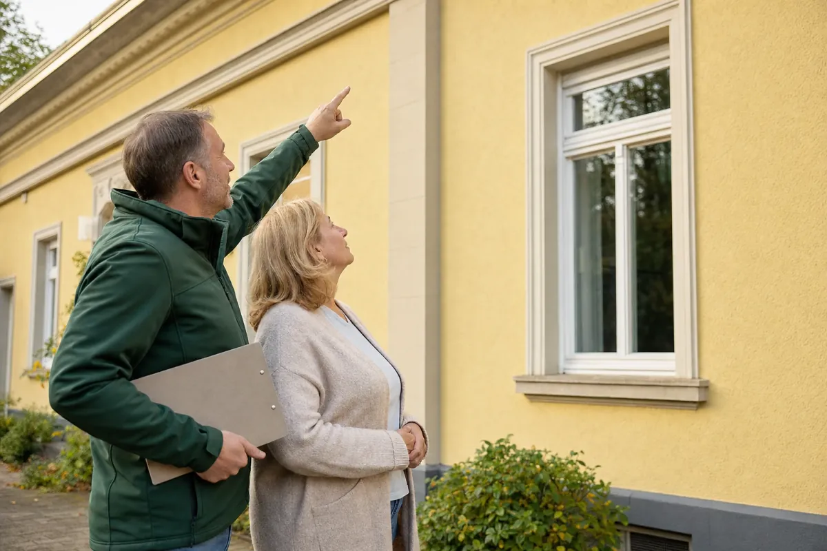 Ein Energieberater und eine Eigentümerin stehen vor einem für Karlsruhe typischen Wohnhaus und sehen zum Dachrand hinauf.