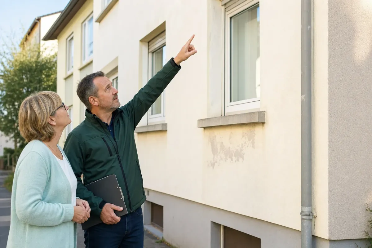 Ein Energieberater und eine Eigentümerin stehen vor einem für Koblenz typischen Wohnhaus und sehen zum Dachrand hinauf.