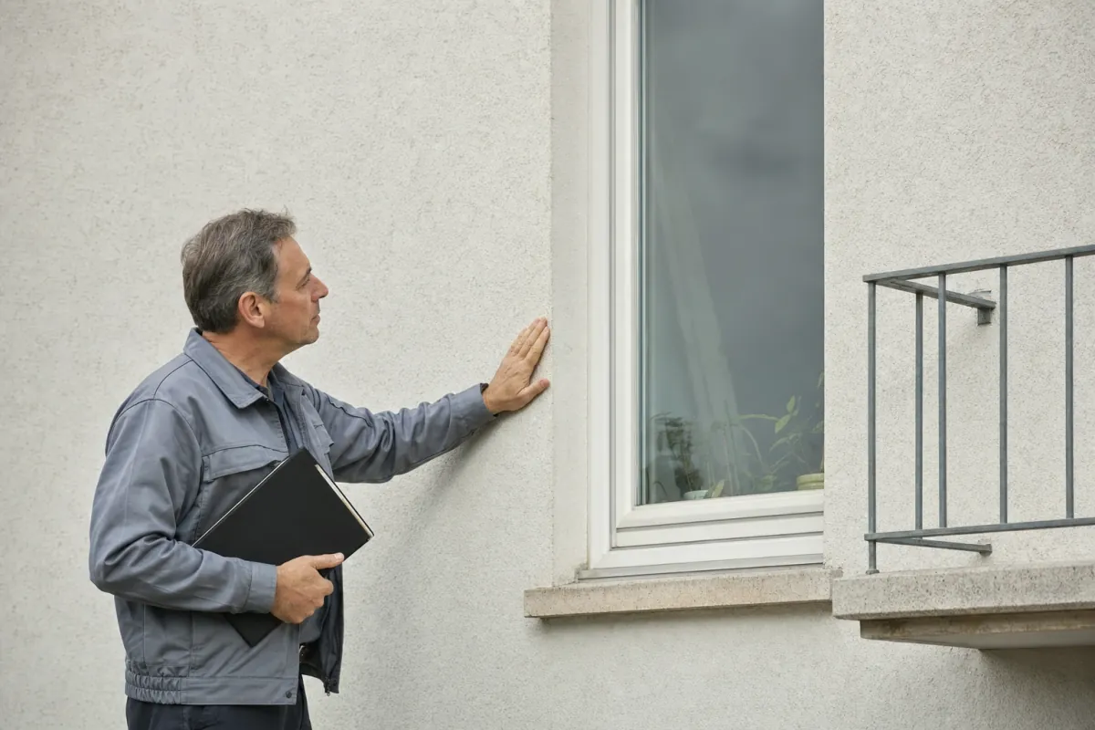 Ein Energieberater prüft von außen den Anschluss zwischen Fensterrahmen und Wand an einem für Köln typischen Wohnhaus.