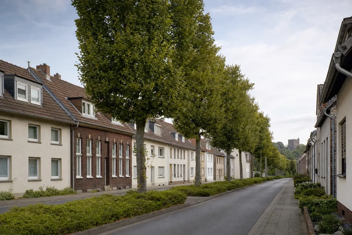 Wohnstraße in Krefeld: die für die Stadt typische Bebauung, im Hintergrund über den Dächern ein Wahrzeichen der Stadt.