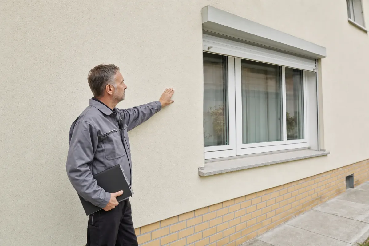 Ein Energieberater prüft von außen den Anschluss zwischen Fensterrahmen und Wand an einem für Leverkusen typischen Wohnhaus.