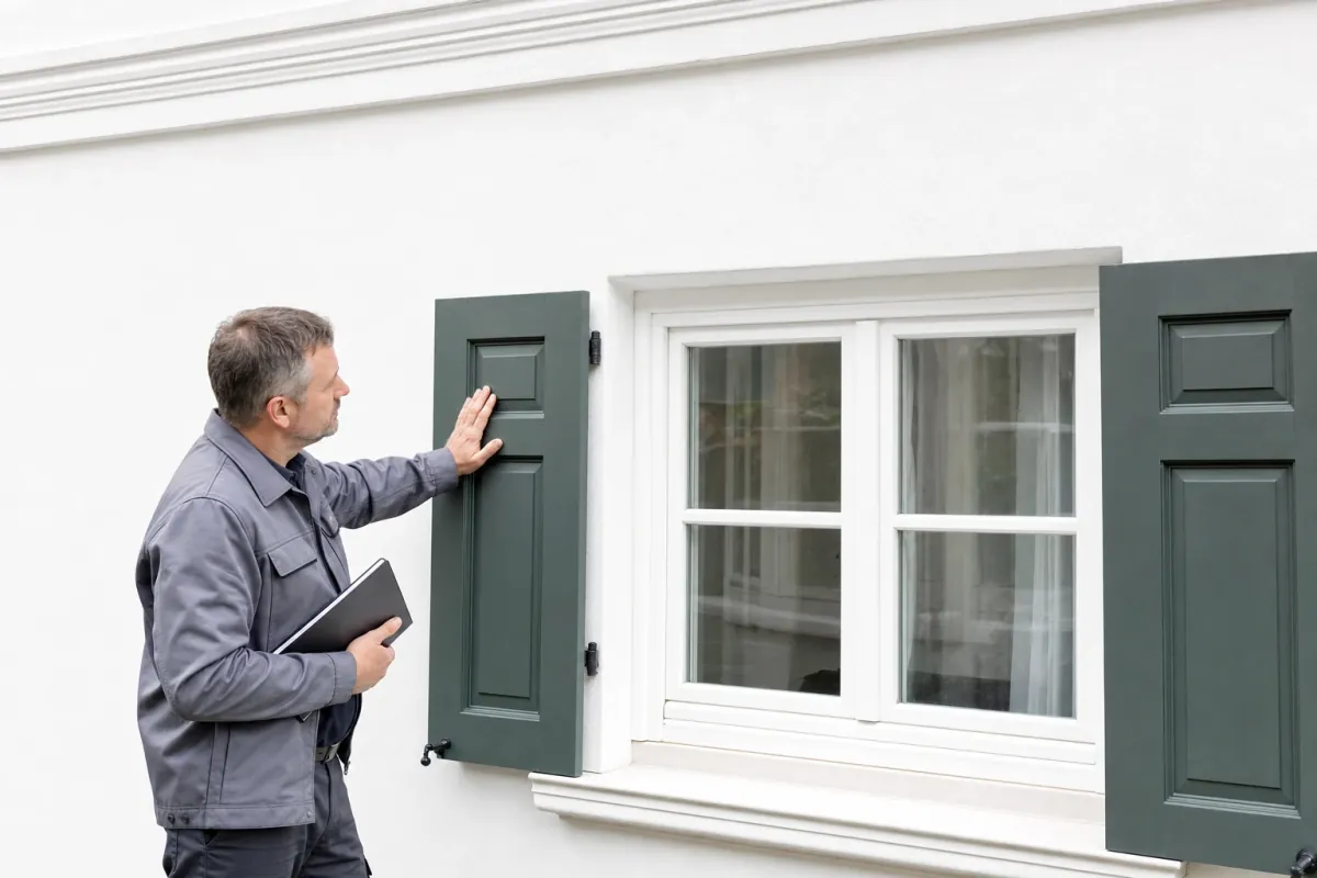 Ein Energieberater prüft von außen den Anschluss zwischen Fensterrahmen und Wand an einem für Lübeck typischen Wohnhaus.