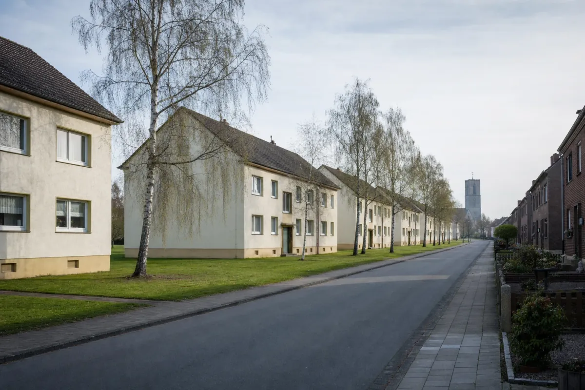 Wohnstraße in Lünen: die für die Stadt typische Bebauung, im Hintergrund über den Dächern ein Wahrzeichen der Stadt.