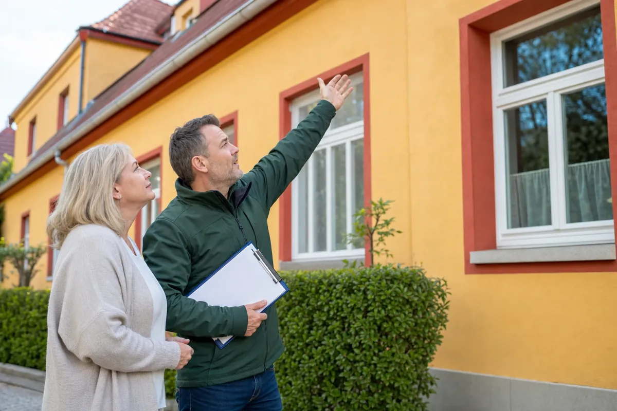 Ein Energieberater und eine Eigentümerin stehen vor einem für Magdeburg typischen Wohnhaus und sehen zum Dachrand hinauf.