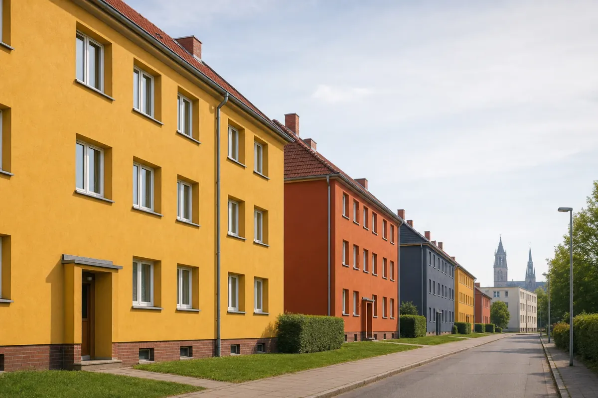 Wohnstraße in Magdeburg: die für die Stadt typische Bebauung, im Hintergrund über den Dächern ein Wahrzeichen der Stadt.
