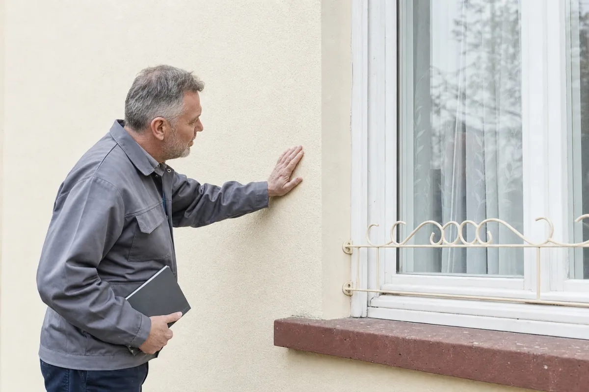 Ein Energieberater prüft von außen den Anschluss zwischen Fensterrahmen und Wand an einem für Mainz typischen Wohnhaus.