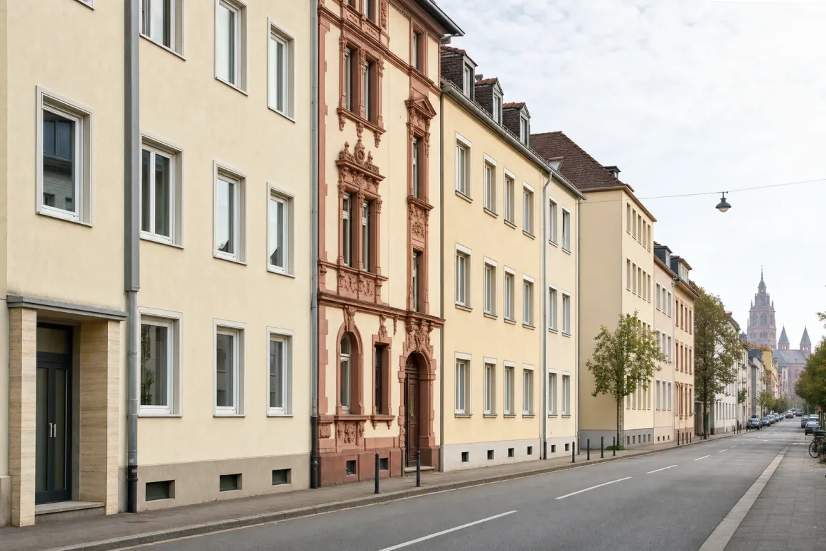 Wohnstraße in Mainz: die für die Stadt typische Bebauung, im Hintergrund über den Dächern ein Wahrzeichen der Stadt.
