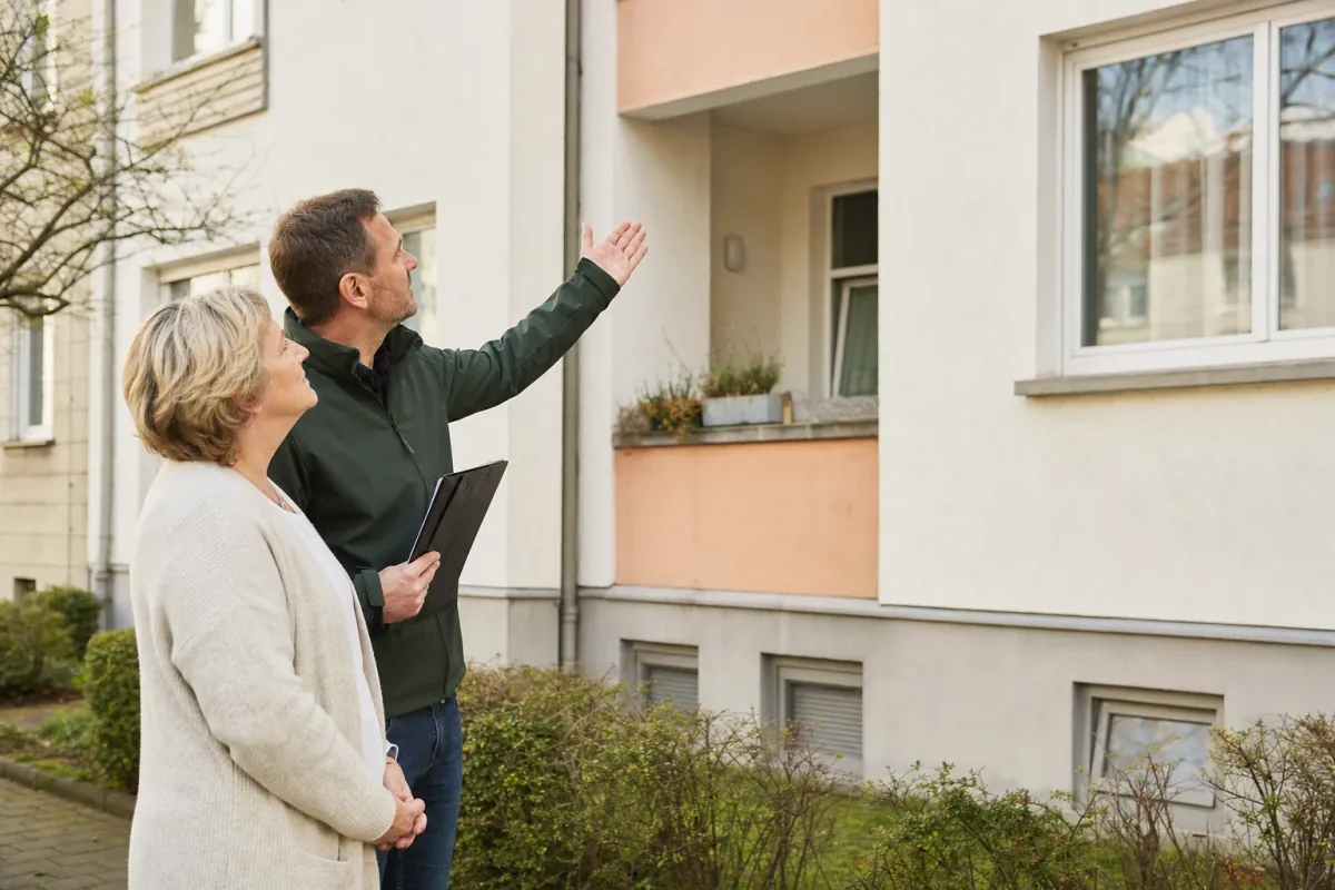 Ein Energieberater und eine Eigentümerin stehen vor einem für Mannheim typischen Wohnhaus und sehen zum Dachrand hinauf.