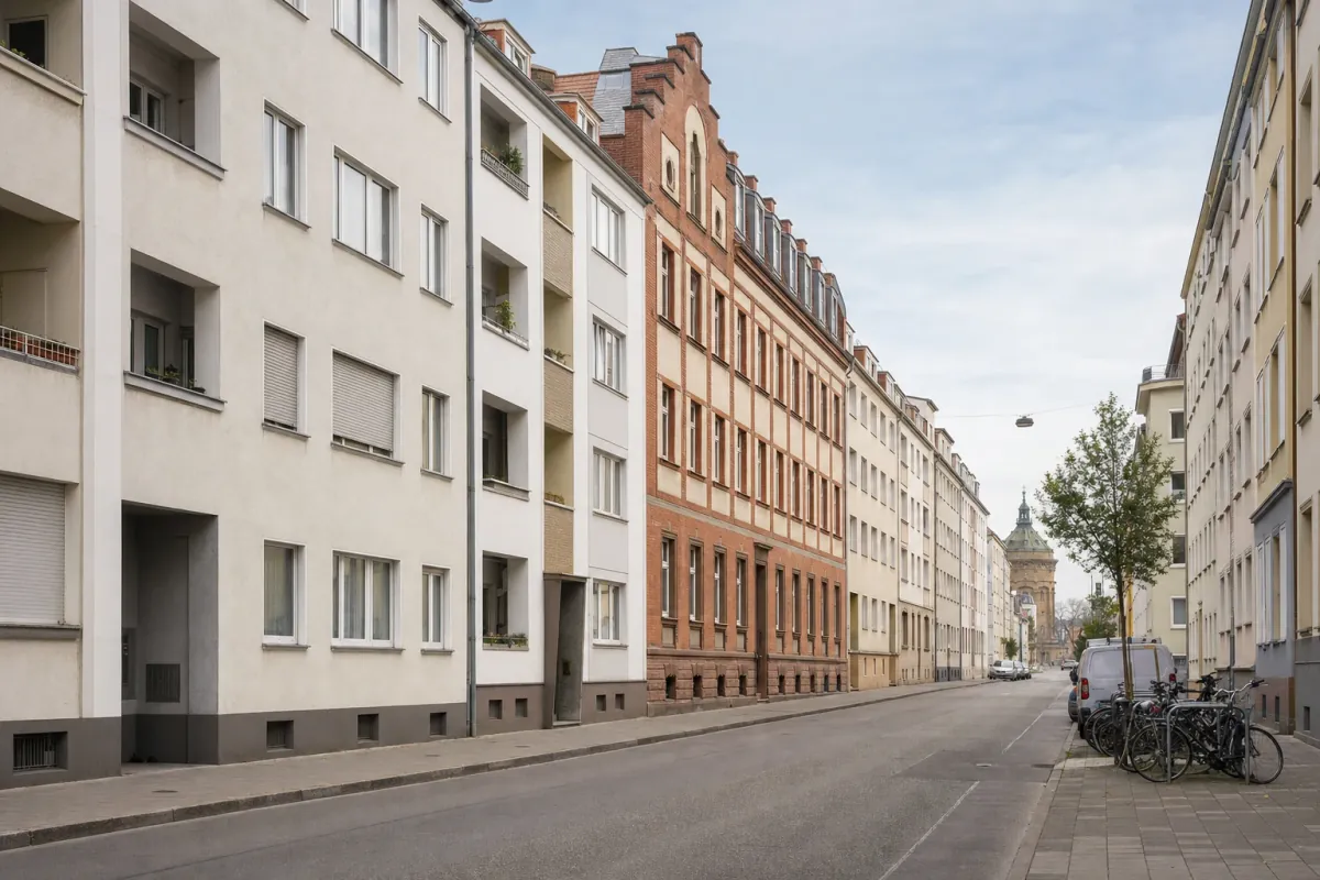Wohnstraße in Mannheim: die für die Stadt typische Bebauung, im Hintergrund über den Dächern ein Wahrzeichen der Stadt.