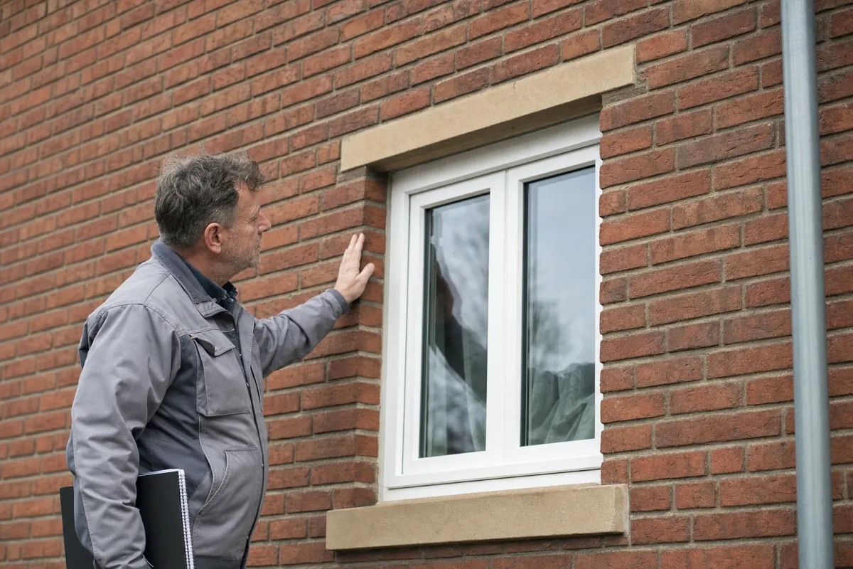 Ein Energieberater prüft von außen den Anschluss zwischen Fensterrahmen und Wand an einem für Minden typischen Wohnhaus.