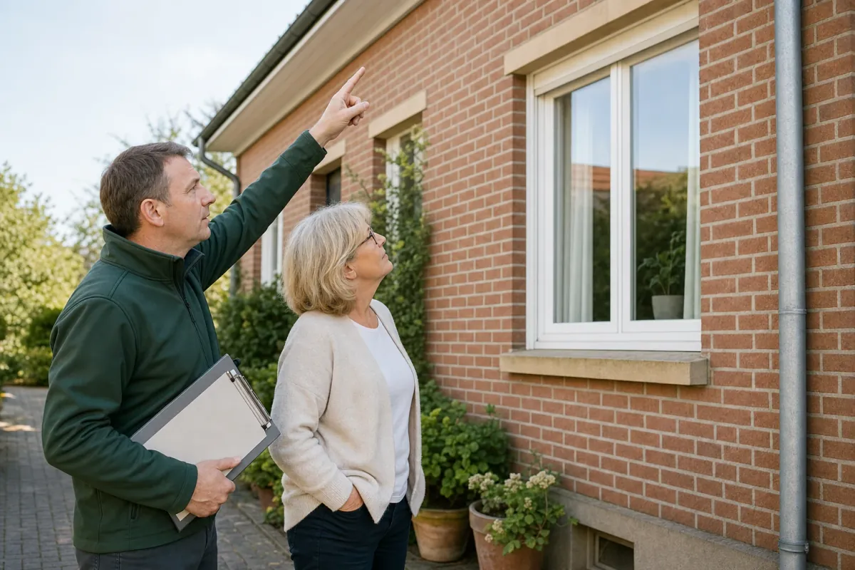 Ein Energieberater und eine Eigentümerin stehen vor einem für Minden typischen Wohnhaus und sehen zum Dachrand hinauf.