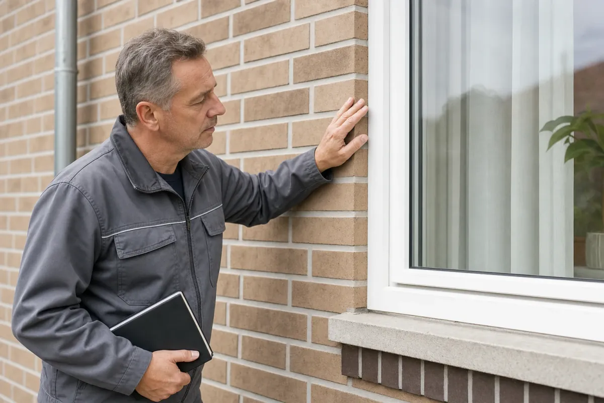 Ein Energieberater prüft von außen den Anschluss zwischen Fensterrahmen und Wand an einem für Moers typischen Wohnhaus.