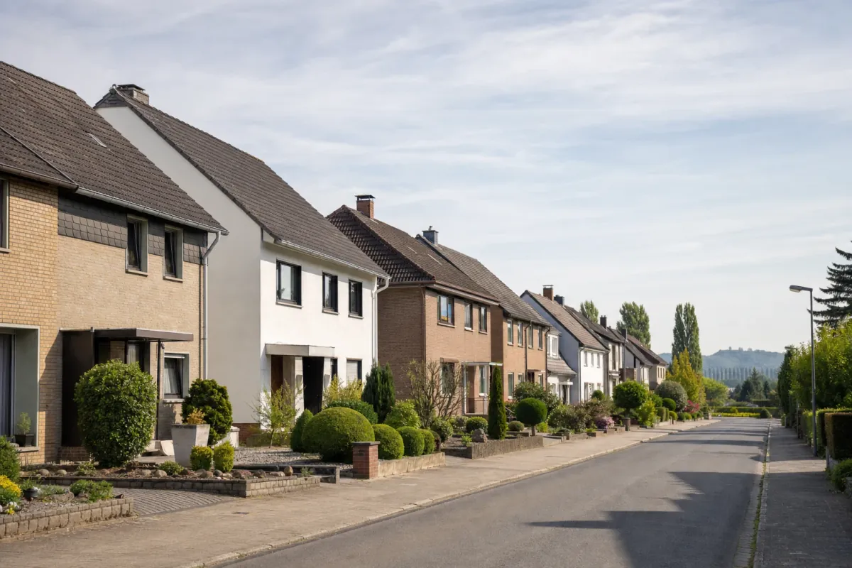 Wohnstraße in Moers: die für die Stadt typische Bebauung, im Hintergrund über den Dächern ein Wahrzeichen der Stadt.