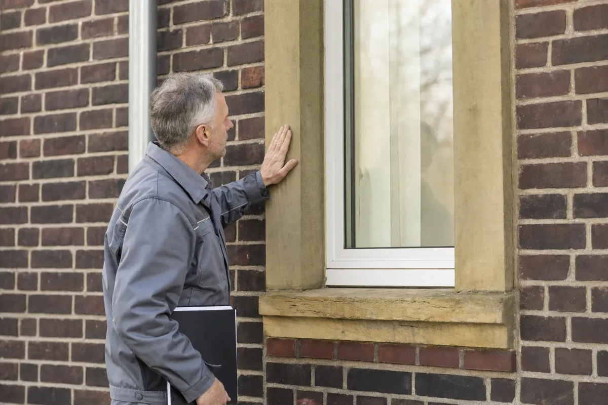 Ein Energieberater prüft von außen den Anschluss zwischen Fensterrahmen und Wand an einem für Mülheim an der Ruhr typischen Wohnhaus.