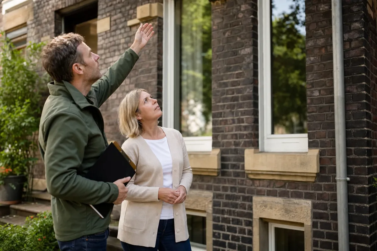 Ein Energieberater und eine Eigentümerin stehen vor einem für Mülheim an der Ruhr typischen Wohnhaus und sehen zum Dachrand hinauf.