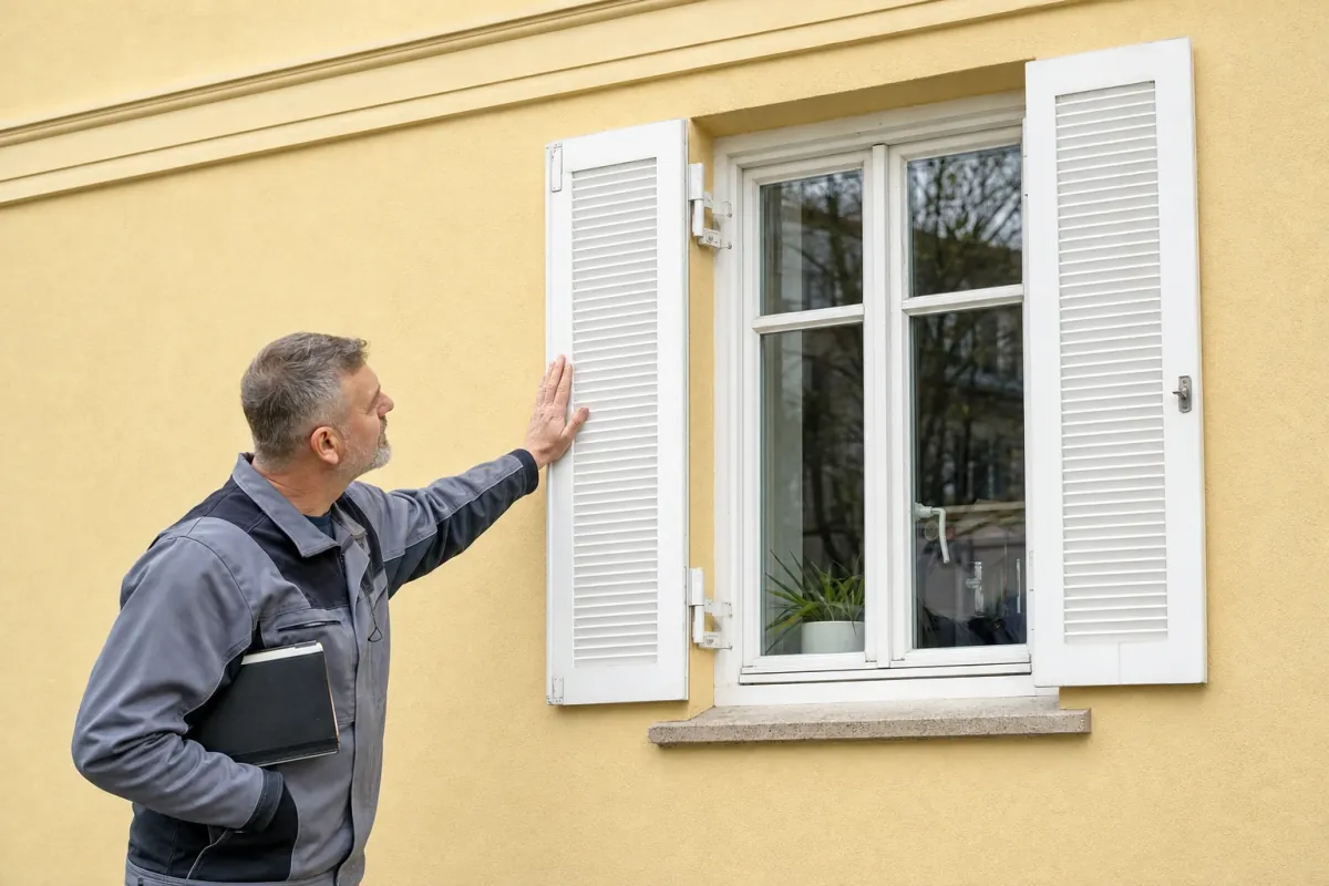 Ein Energieberater prüft von außen den Anschluss zwischen Fensterrahmen und Wand an einem für München typischen Wohnhaus.
