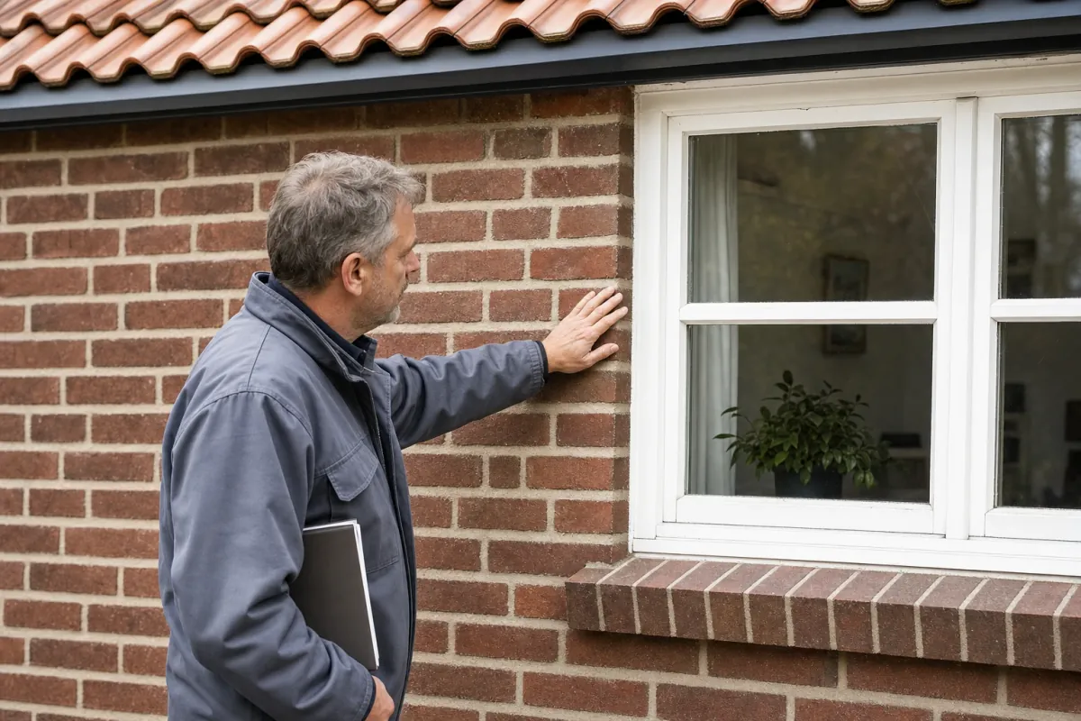 Ein Energieberater prüft von außen den Anschluss zwischen Fensterrahmen und Wand an einem für Münster typischen Wohnhaus.