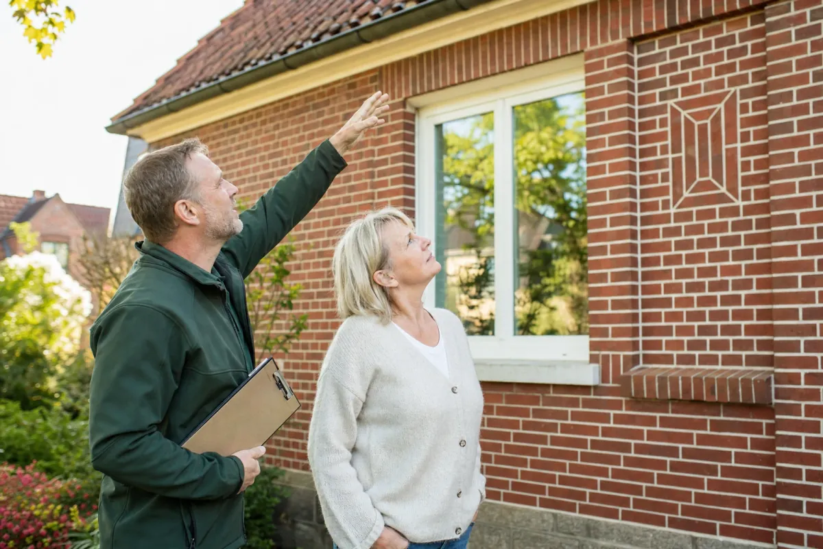 Ein Energieberater und eine Eigentümerin stehen vor einem für Neumünster typischen Wohnhaus und sehen zum Dachrand hinauf.