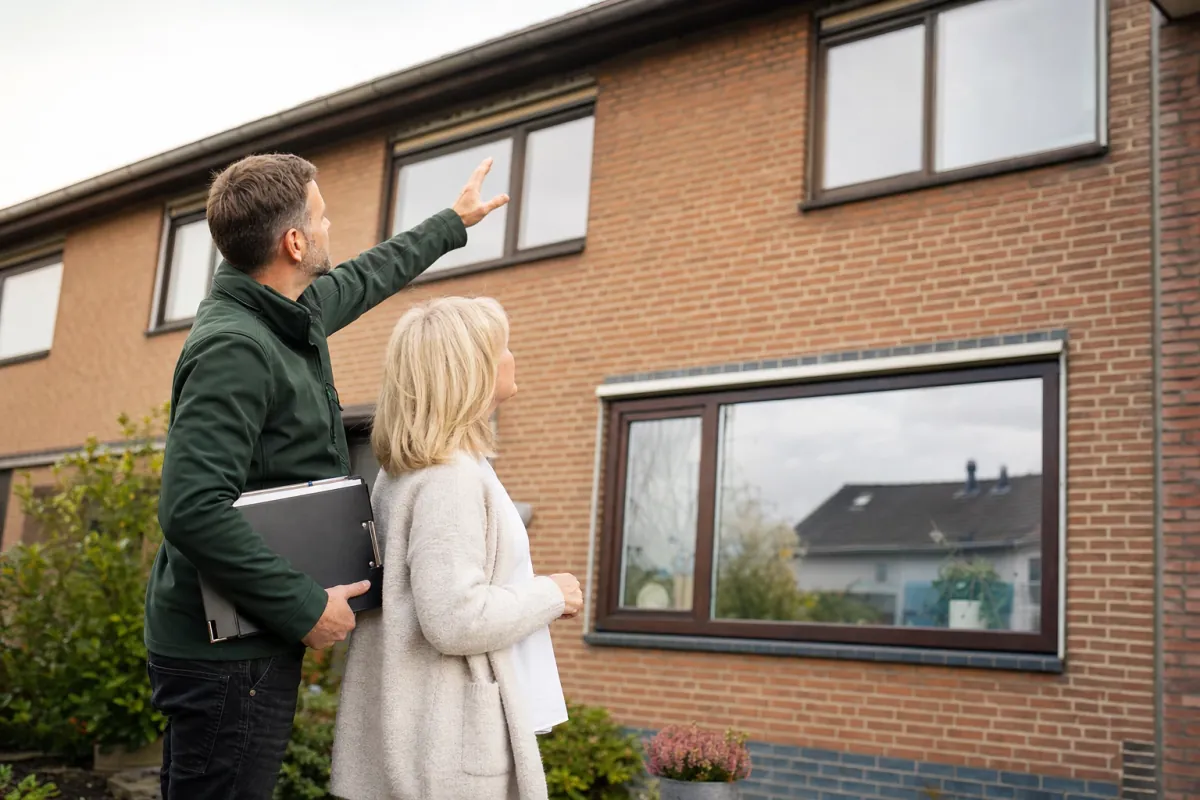 Ein Energieberater und eine Eigentümerin stehen vor einem für Neuss typischen Wohnhaus und sehen zum Dachrand hinauf.