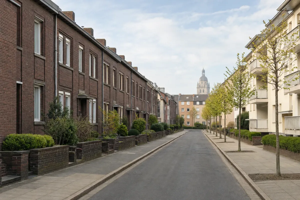 Wohnstraße in Neuss: die für die Stadt typische Bebauung, im Hintergrund über den Dächern ein Wahrzeichen der Stadt.