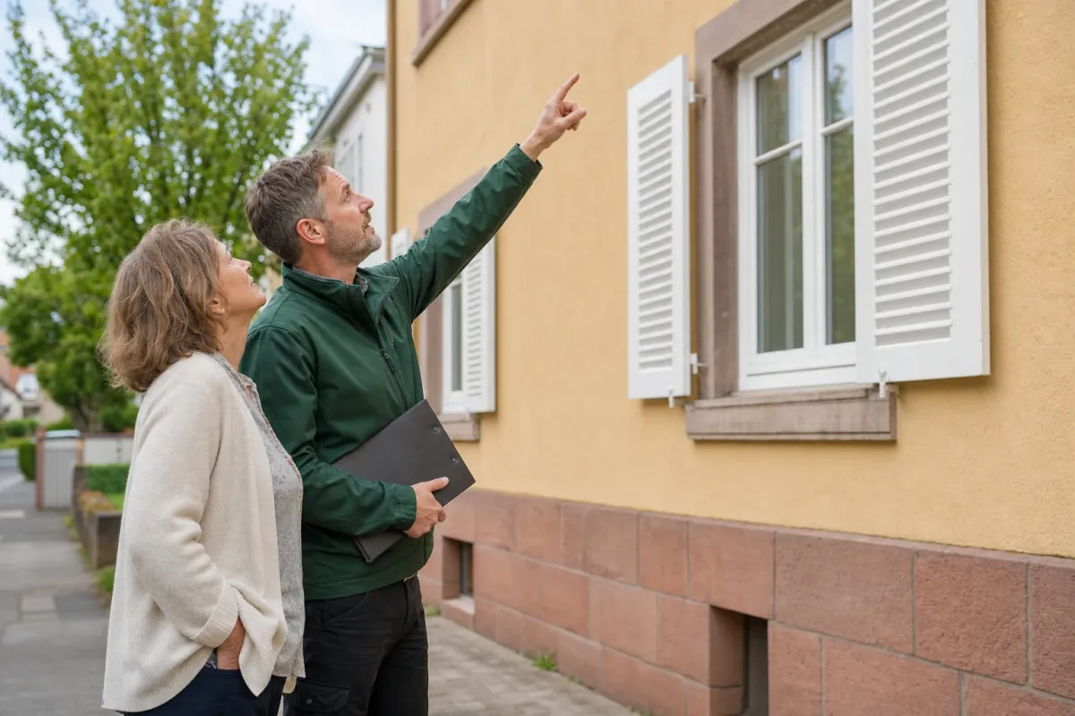 Ein Energieberater und eine Eigentümerin stehen vor einem für Nürnberg typischen Wohnhaus und sehen zum Dachrand hinauf.