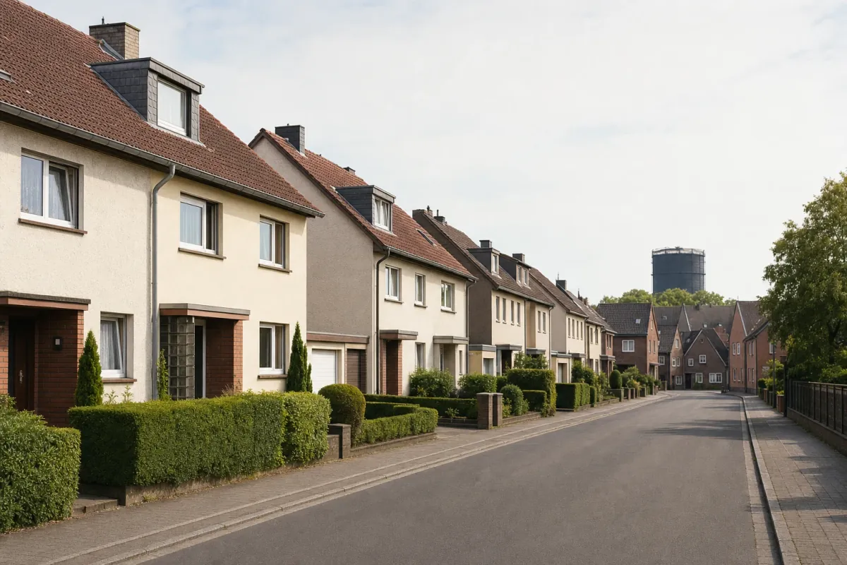 Wohnstraße in Oberhausen: die für die Stadt typische Bebauung, im Hintergrund über den Dächern ein Wahrzeichen der Stadt.