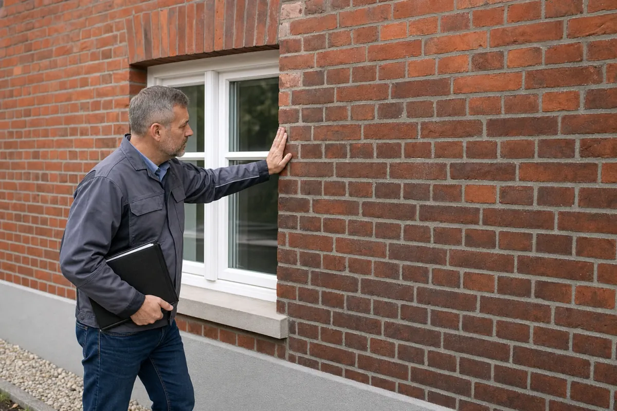Ein Energieberater prüft von außen den Anschluss zwischen Fensterrahmen und Wand an einem für Oldenburg typischen Wohnhaus.
