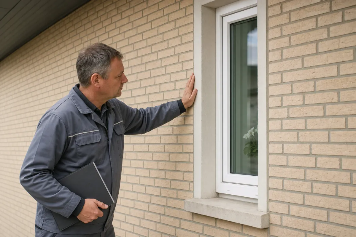 Ein Energieberater prüft von außen den Anschluss zwischen Fensterrahmen und Wand an einem für Paderborn typischen Wohnhaus.