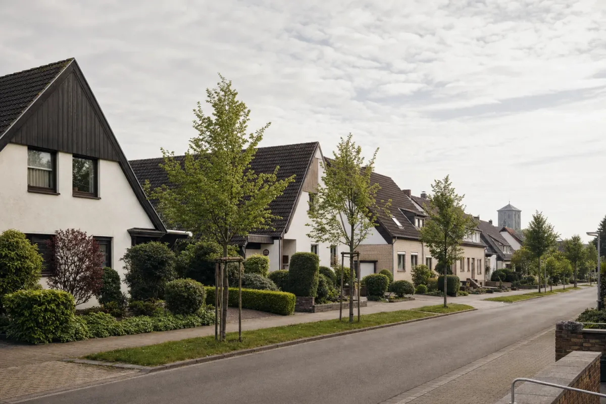 Wohnstraße in Paderborn: die für die Stadt typische Bebauung, im Hintergrund über den Dächern ein Wahrzeichen der Stadt.