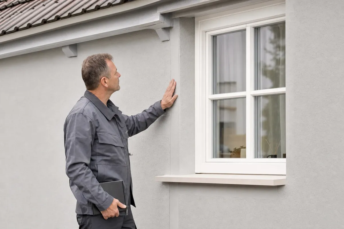 Ein Energieberater prüft von außen den Anschluss zwischen Fensterrahmen und Wand an einem für Ratingen typischen Wohnhaus.