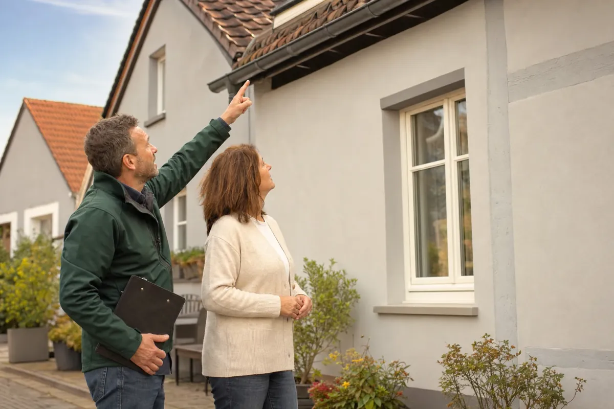 Ein Energieberater und eine Eigentümerin stehen vor einem für Ratingen typischen Wohnhaus und sehen zum Dachrand hinauf.