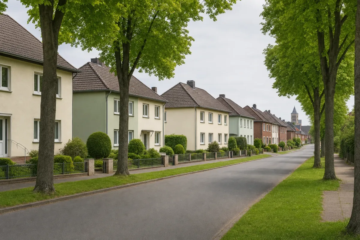 Wohnstraße in Recklinghausen: die für die Stadt typische Bebauung, im Hintergrund über den Dächern ein Wahrzeichen der Stadt.