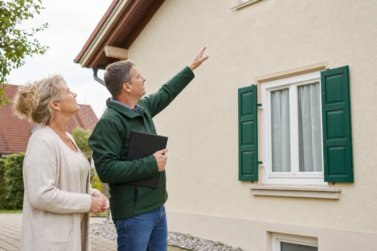 Ein Energieberater und eine Eigentümerin stehen vor einem für Regensburg typischen Wohnhaus und sehen zum Dachrand hinauf.