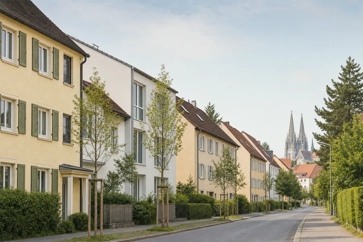 Wohnstraße in Regensburg: die für die Stadt typische Bebauung, im Hintergrund über den Dächern ein Wahrzeichen der Stadt.