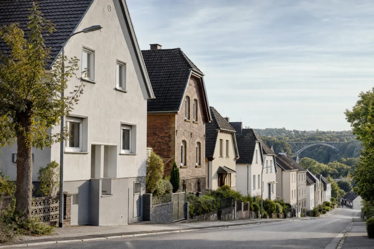 Wohnstraße in Remscheid: die für die Stadt typische Bebauung, im Hintergrund über den Dächern ein Wahrzeichen der Stadt.