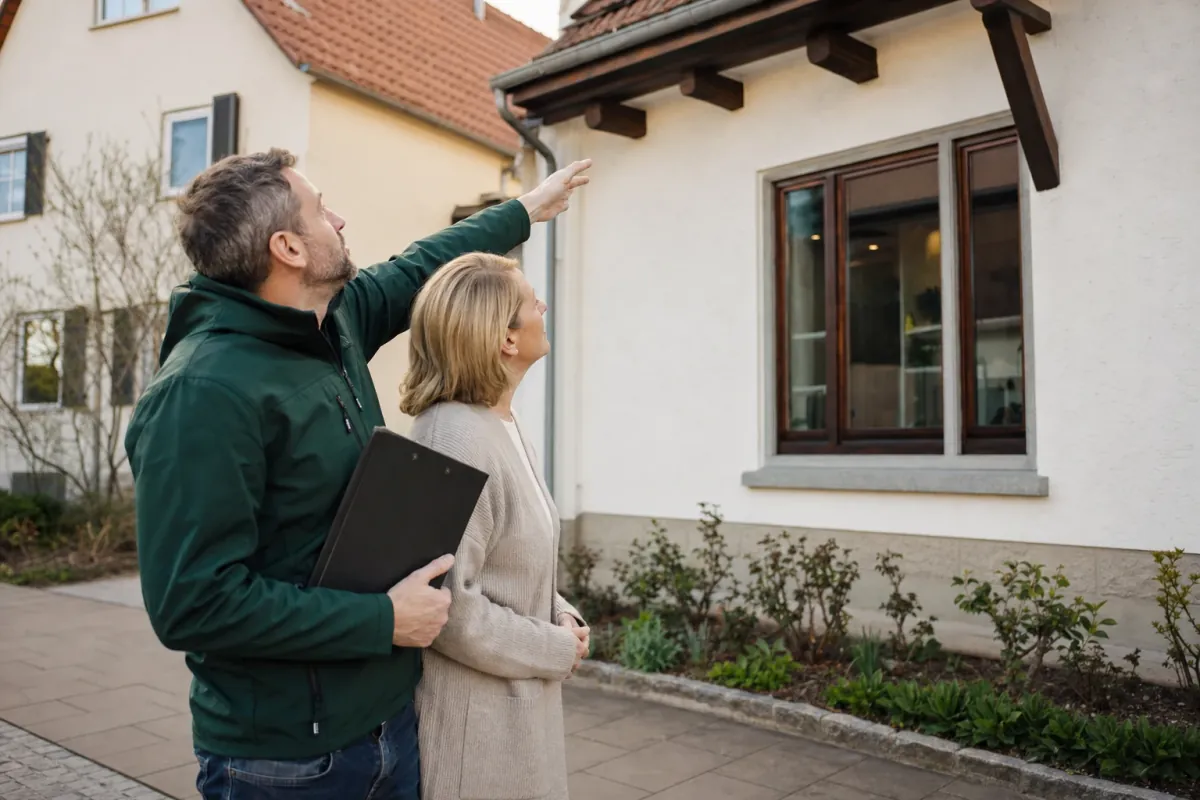 Ein Energieberater und eine Eigentümerin stehen vor einem für Reutlingen typischen Wohnhaus und sehen zum Dachrand hinauf.