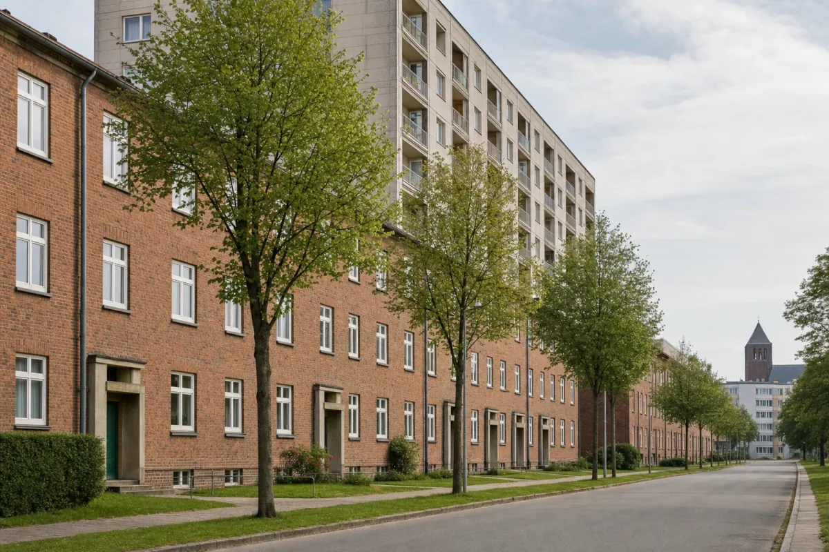 Wohnstraße in Rostock: die für die Stadt typische Bebauung, im Hintergrund über den Dächern ein Wahrzeichen der Stadt.
