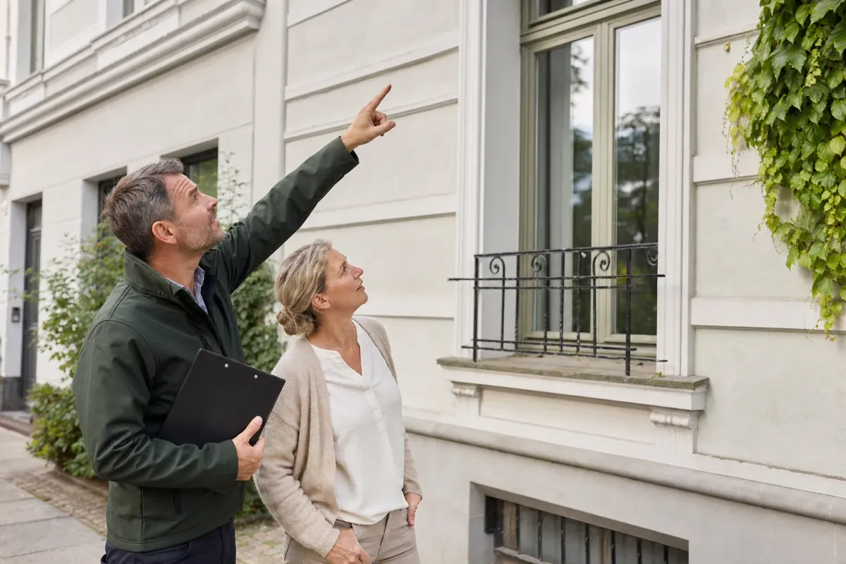 Ein Energieberater und eine Eigentümerin stehen vor einem für Schwerin typischen Wohnhaus und sehen zum Dachrand hinauf.