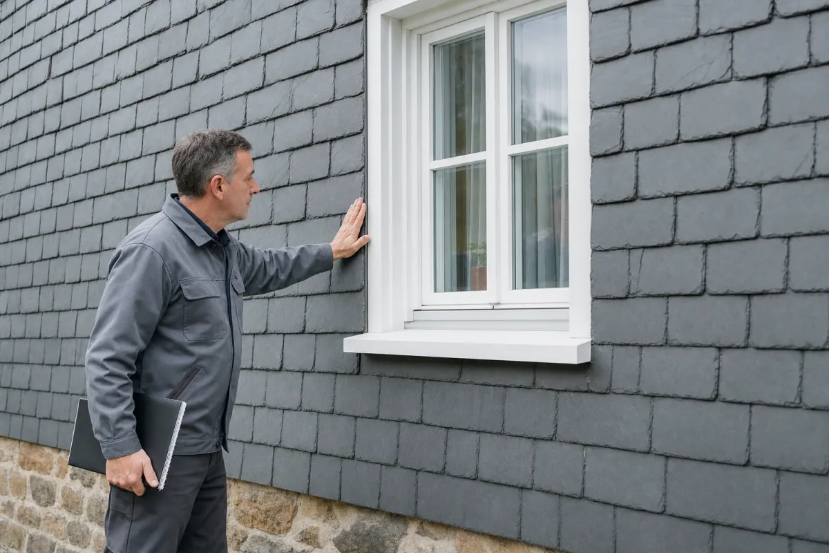 Ein Energieberater prüft von außen den Anschluss zwischen Fensterrahmen und Wand an einem für Siegen typischen Wohnhaus.