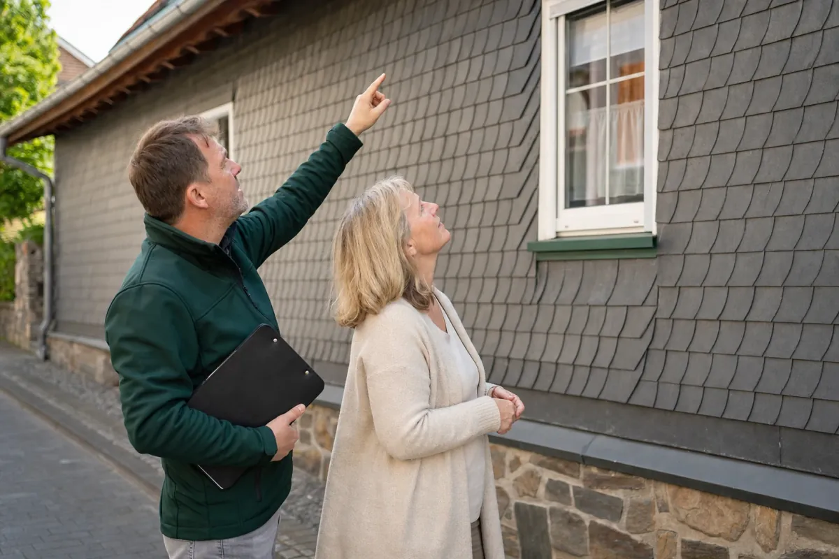Ein Energieberater und eine Eigentümerin stehen vor einem für Siegen typischen Wohnhaus und sehen zum Dachrand hinauf.