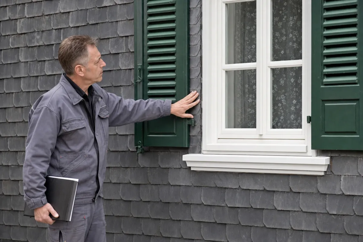 Ein Energieberater prüft von außen den Anschluss zwischen Fensterrahmen und Wand an einem für Solingen typischen Wohnhaus.